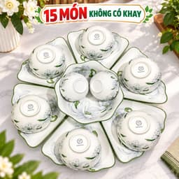Bộ Bát Đĩa Hoa Mặt Trời 15 Món Gốm Sứ Cao Cấp, Họa Tiết Hoa Trắng Viền Xanh Kèm Khay Sen Trang Trọng,Chén Đĩa Gia Đình 7