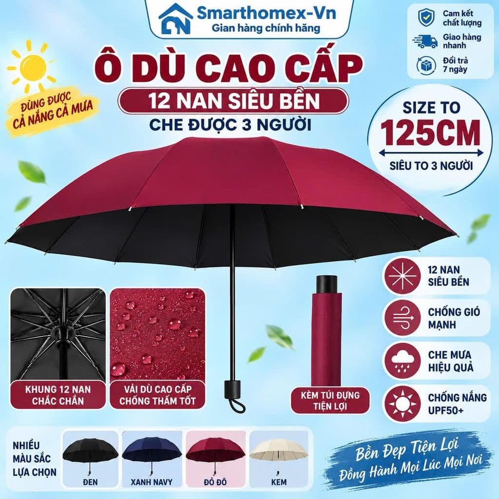Ô Dù Cầm Tay Khổ Lớn 125cm 12 Nan Siêu Bền, Ô Gấp Gọn Chống Nắng Chống Mưa Chống Gió, Dù Che Mưa 3 Người Có Túi Đựng_TH