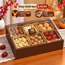 Khay Bánh Kẹo Mứt Tết 2027 Sang Trọng 4 Ngăn 6 Ngăn, Hộp Gỗ Melamine Màu Óc Chó Kèm Hũ Nhựa Viền Vàng Cao Cấp 1