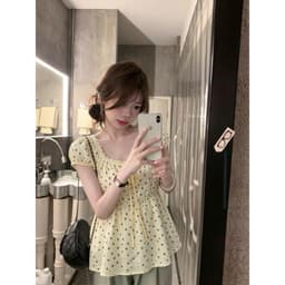 Áo kiểu cổ vuông hoa nhí cổ phối ren thắt nơ kiểu tiểu thư H4GB 3