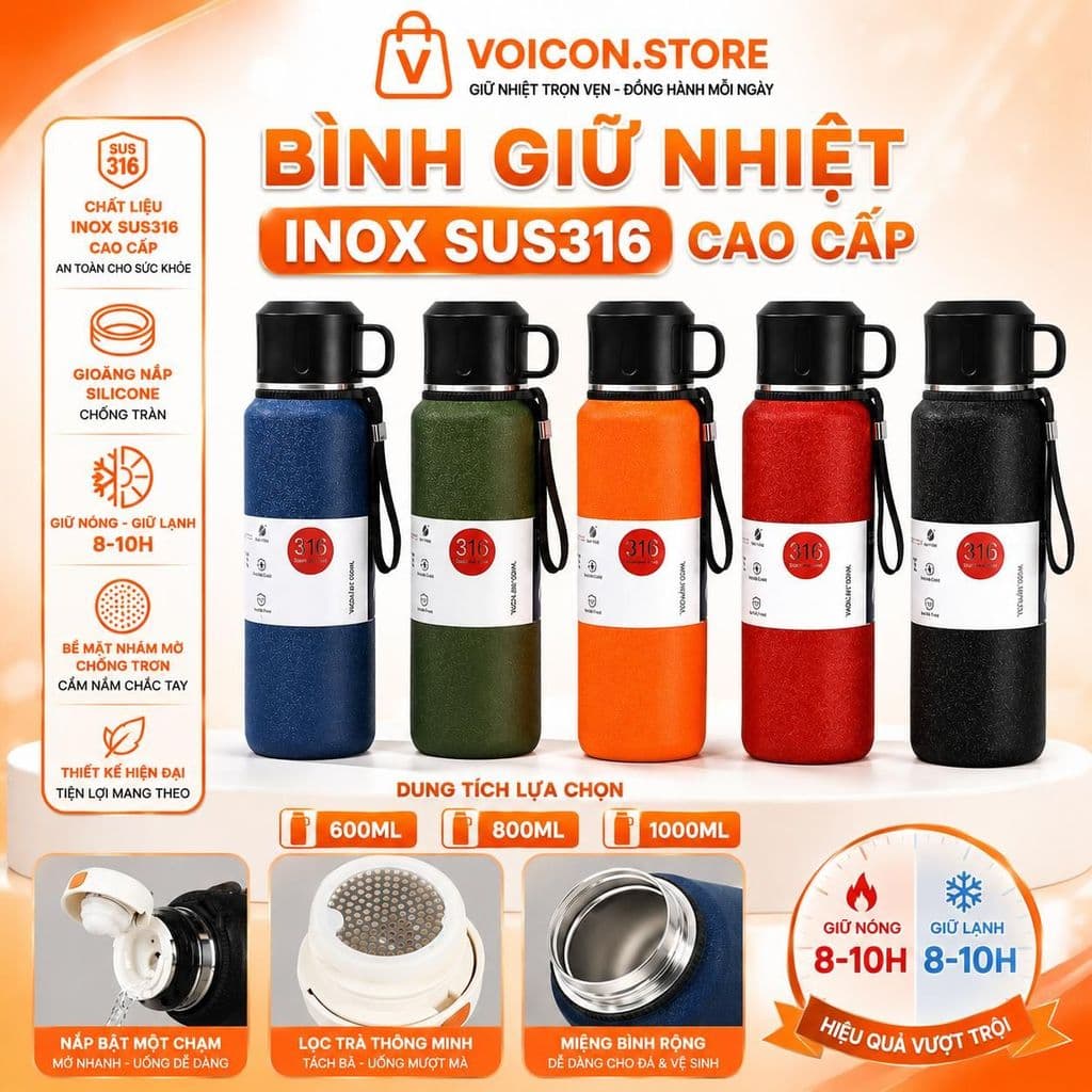 Bình giữ nhiệt BOSS nhám inox 316 – 4 lớp giữ nóng lạnh 8-12h,600ML-800ML-1000ML, nắp kèm cốc tiện lợi,VOICON-[LA88]