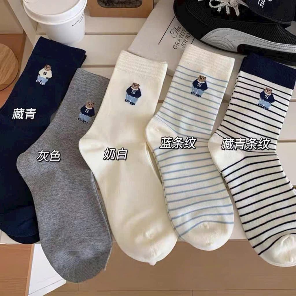 Sét 10 đôi Tất Cổ Cao Thêu Gấu Kẻ Sọc Phong Cách Hàn Quốc Vớ Cotton Dày Dặn, Thoáng Khí, Unisex.