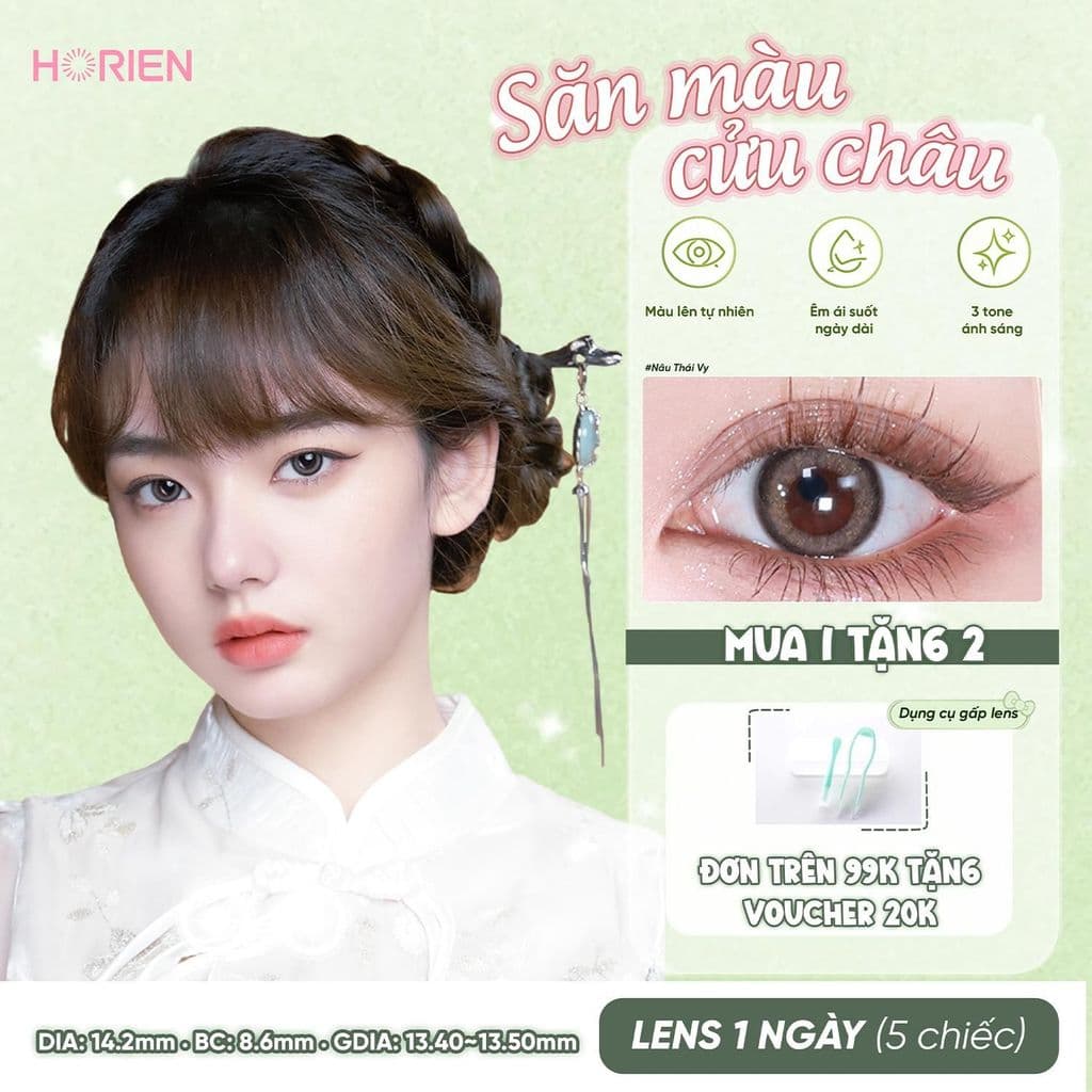 Kính Áp Tròng Màu HORIEN Săn Màu Cửu Châu 1 Ngày 5 Chiếc – Lens Màu Tự Nhiên, DIA 14.2mm, GDIA 13.4–13.5mm, Water 38%