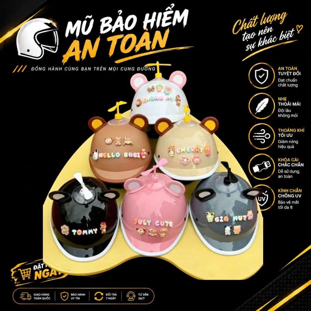 [ĐẠT CHUẨN AN TOÀN] Nón Bảo Hiểm Cá Heo Nửa Đầu Nam Nữ Dễ Thương Hot Trend Kèm Tai Gấu Và Charm Chữ