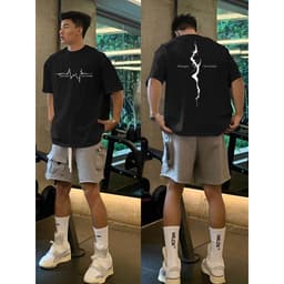 Áo thun nam dáng suông rộng in điện tâm đồ vết nứt chất cotton thoáng khí thiết kế tối giản phong cách thể thao 3