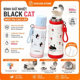 Bình giữ nhiệt Black Cat inox 316 cao cấp 550ml 2 ống hút, quai xách tiện lợi, thiết kế thời trang Hàn Quốc VOICON-LA88 1