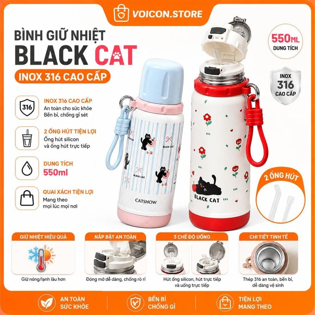 Bình giữ nhiệt Black Cat inox 316 cao cấp 550ml 2 ống hút, quai xách tiện lợi, thiết kế thời trang Hàn Quốc VOICON-LA88