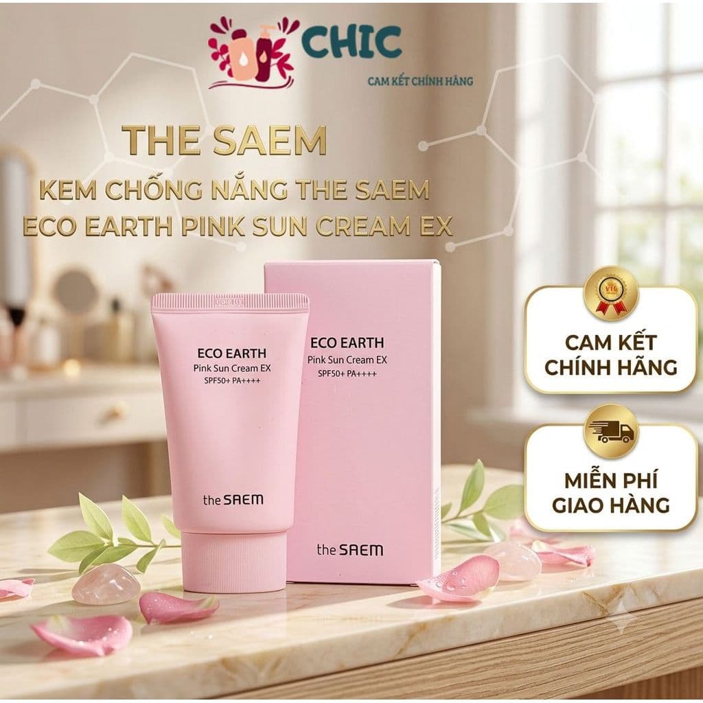 Kem Chống Nắng Nâng Tone The Saem Eco Earth Pink Sun Cream EX KCN The Saem Nâng Tông Căng Bóng