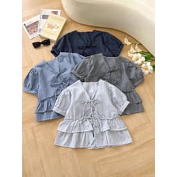 Áo Kiểu Babydoll 2 Tầng Phối Nơ Cột Tay Bồng Kẻ Sọc 2
