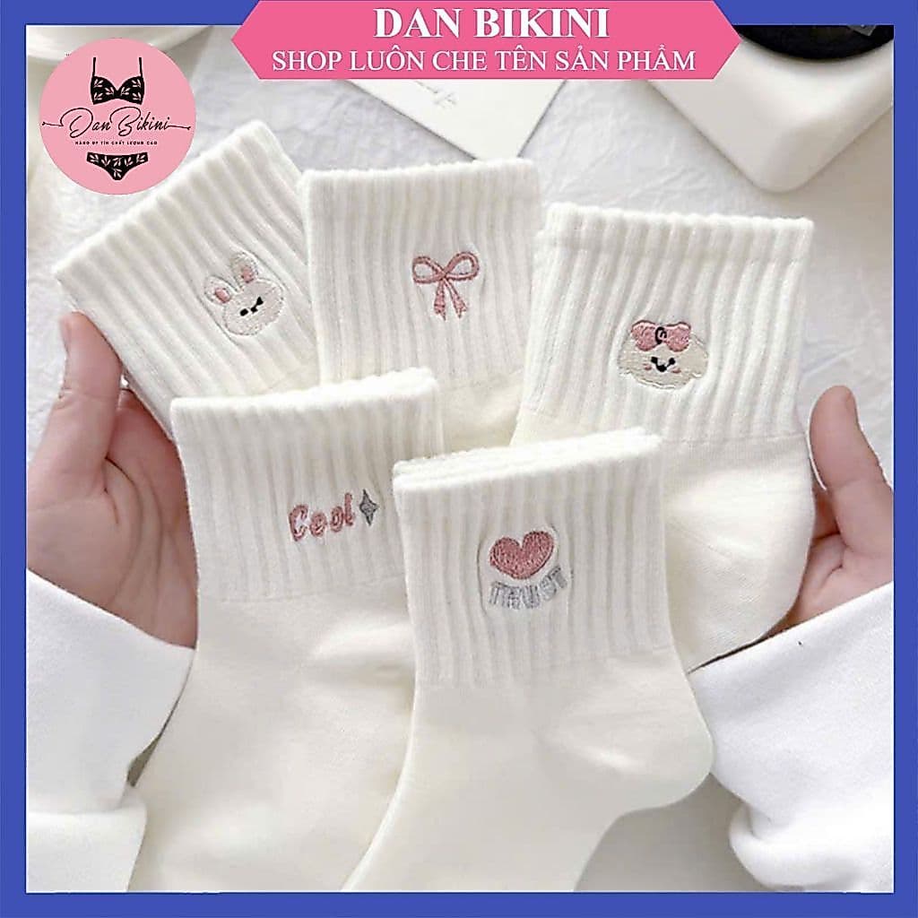 Set 5 Đôi Tất Cổ Thấp Chất Cotton Mỏng Trắng Phối Hoạ Tiết Dễ Thương Mã T171
