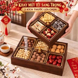 Khay mứt, khay đựng bánh kẹo tết 4 Ngăn 6 Ngăn, Hộp Mứt Tết 2027 Gỗ Melamine Vân Óc Chó, Hũ Nhựa Viền Vàng Đẹp Sang 1