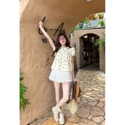 Áo Kiểu Nữ Cổ Bèo Cánh Tiên Viền Tầng Vải Gió Nhăn Babydoll 4