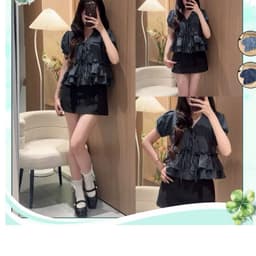 Áo Kiểu Babydoll 2 Tầng Phối Nơ Cột Tay Bồng Kẻ Sọc 1