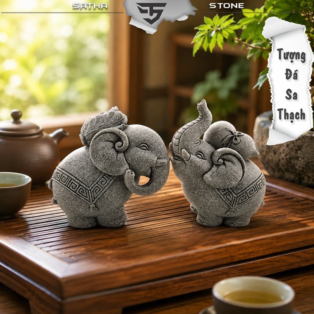 Tượng song tượng bách tài đá sa thạch - Tượng deco, trang trí tiểu cảnh, bán cạn, terrarium