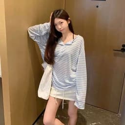 Áo Thun Giấy Dài Tay Cho Nữ Cổ Trụ Chất Liệu Cotton Giấy Kẻ Sọc Form Rộng Co Giãn Thoáng Mát Phong Cách Hàn Quốc 5