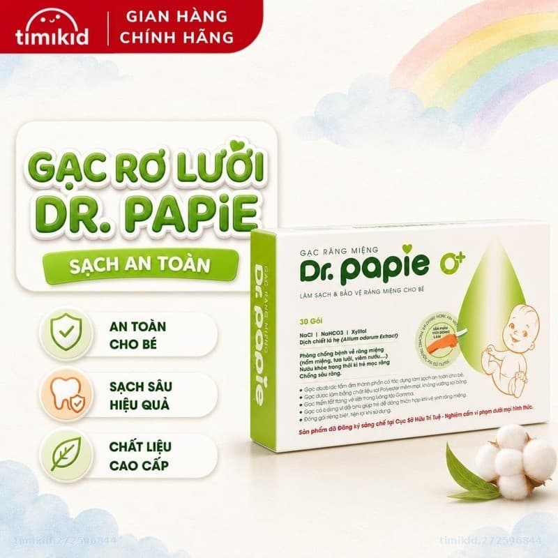 [CHÍNH HÃNG] Gạc Rơ Lưỡi Dr Papie Vệ Sinh Răng Miệng Cho Bé Chính Hãng, hộp 30 gói