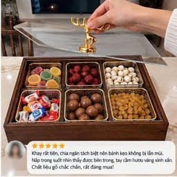 Khay Đựng Bánh Kẹo Mứt Tết 2027 Gỗ Melamine Chia 4 Và 6 Ngăn Kèm Hũ, Nắp Mica Trong Suốt, Núm Hươu Vàng Sang Trọng 9