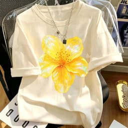 Hot trend Áo thun nữ phong cách thanh lịch tươi mát, cổ tròn tay ngắn in hoa vàng lớn phù hợp đi chơi hàng ngày 3