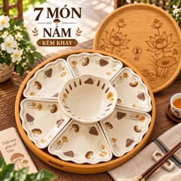 Bộ Bát Đĩa Hoa Mặt Trời 15 Món Họa Tiết Nấm Nâu Kèm Khay Sen 45cm – Bộ Chén Đĩa Gốm Sứ Cao Cấp Trang Trí Mâm Cơm Cúng 5