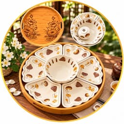 Bộ Bát Đĩa Hoa Mặt Trời 7 Món Gốm Sứ Cao Cấp, Nhiều Mẫu Nấm Nâu – Viền Đen – Mai Vàng – Hoa Sen, Bộ Đĩa Bày Mâm Cơm 45CM 7