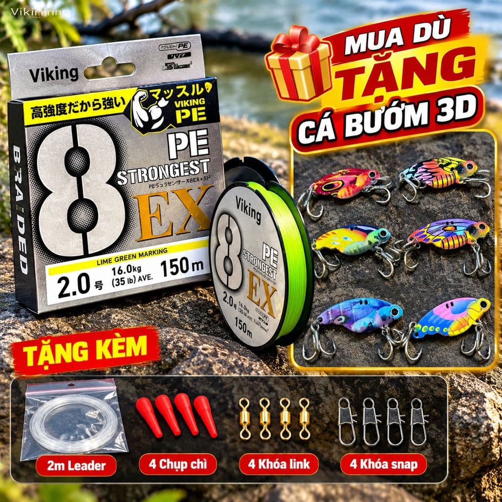 Dây Dù PE ViKing X8 StrongGest 150m Câu Lure 8 Lõi Tặng Cá Bướm 3D, Leader, Chụp Chì, Khóa Snap