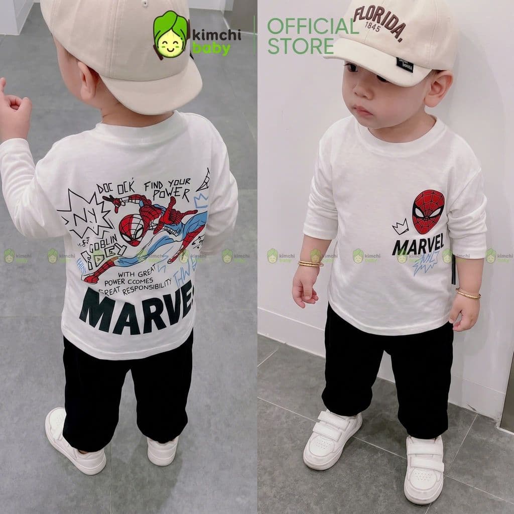 [10-29KG] Bộ Dài Tay Cho Bé Trai KIMCHIBABY Vải Cotton Cao Cấp 190gsm Mềm Mịn Họa Tiết Siêu Nhân Người Nhện Ver1 KD601