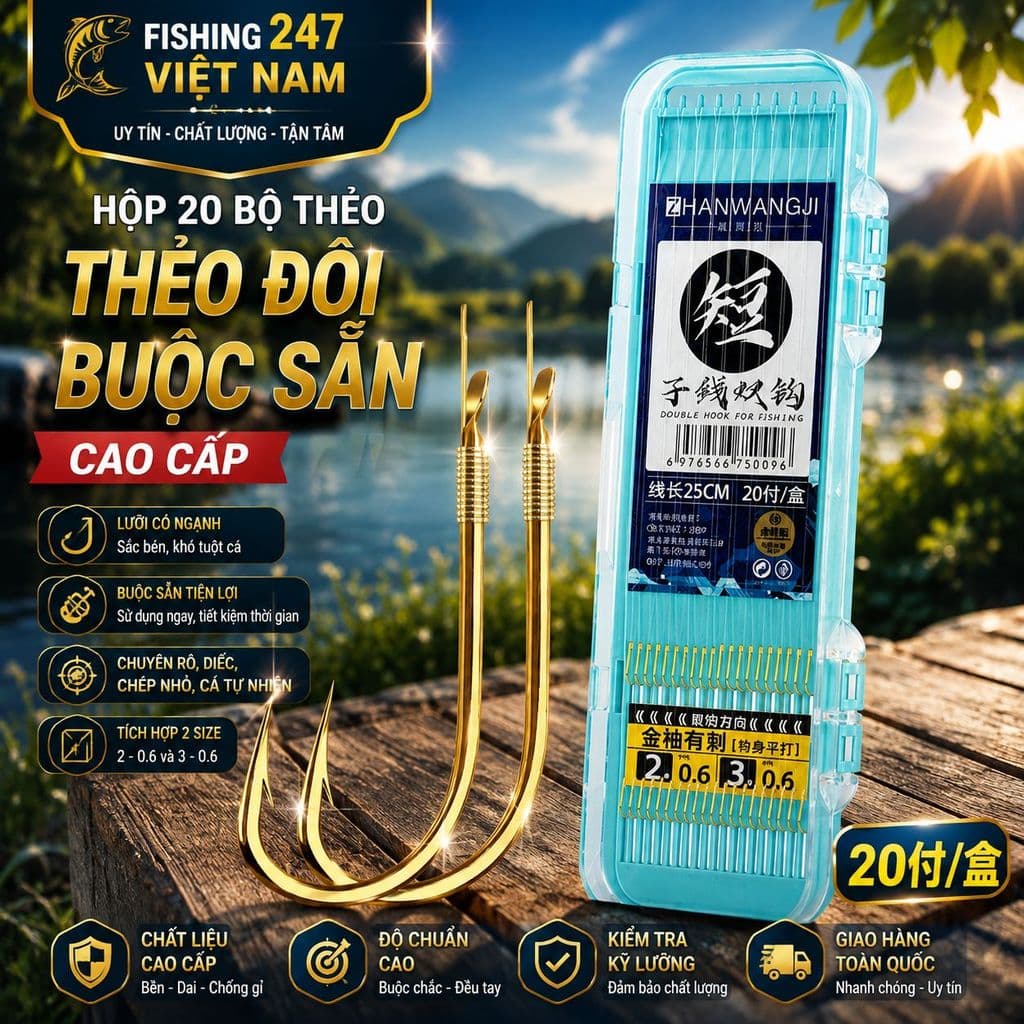 Hộp 20 Bộ Thẻo Đôi Buộc Sẵn Cao Cấp – Lưỡi Có Ngạnh, Chuyên Câu Rô, Diếc, Chép