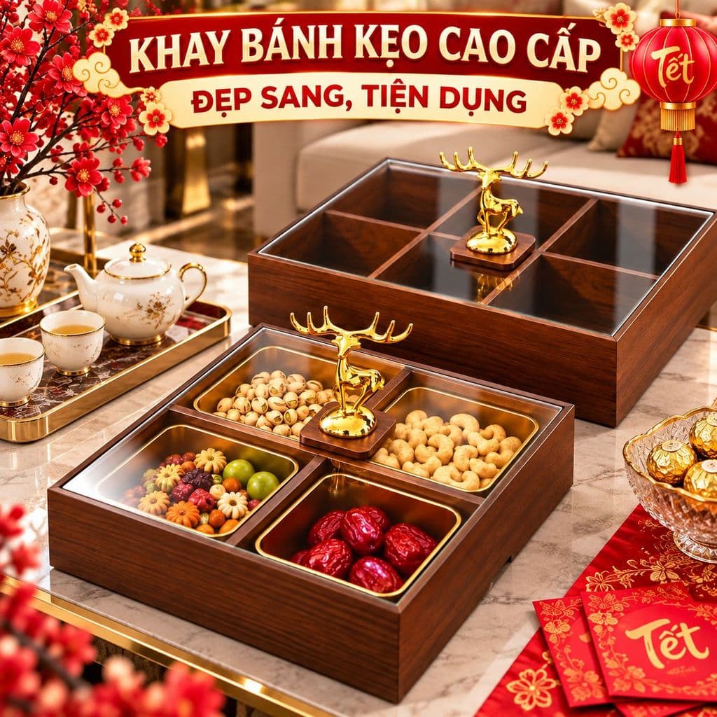 KHAY ĐỰNG MỨT, KHAY ĐỰNG BÁNH KẸO TẾT, CHIA NGĂN TIỆN LỢI CÓ NẮP ĐẬY BỀN ĐẸP SANG TRỌNG GỖ MDF CAO CẤP