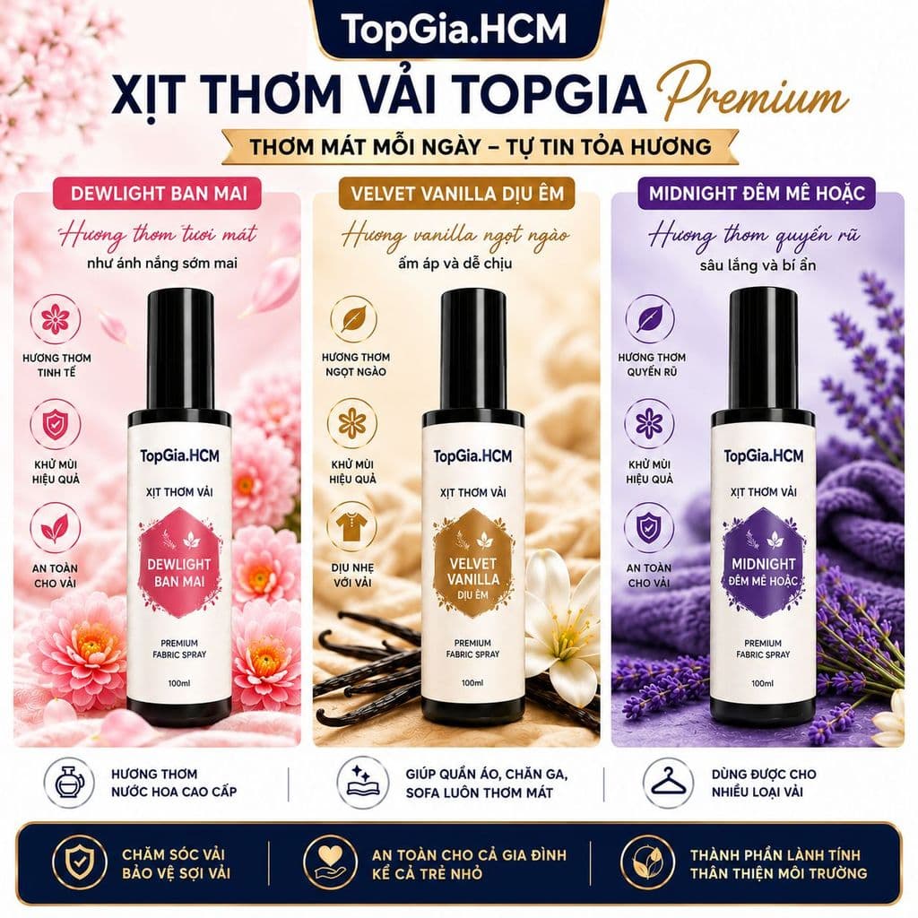 Xịt Thơm Vải TOPGIA Premium Khử Mùi Quần Áo, Chăn Ga, Sofa – Lưu Hương Nước Hoa Dài Lâu, Thơm Mát Mỗi Ngày