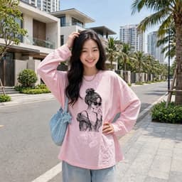 Áo thun cổ tròn tay dài thu đông chất thun giấy xước mỏng in hoạ tiết cô gái ngầu đeo kính  TG GAI1 8 43 65 5