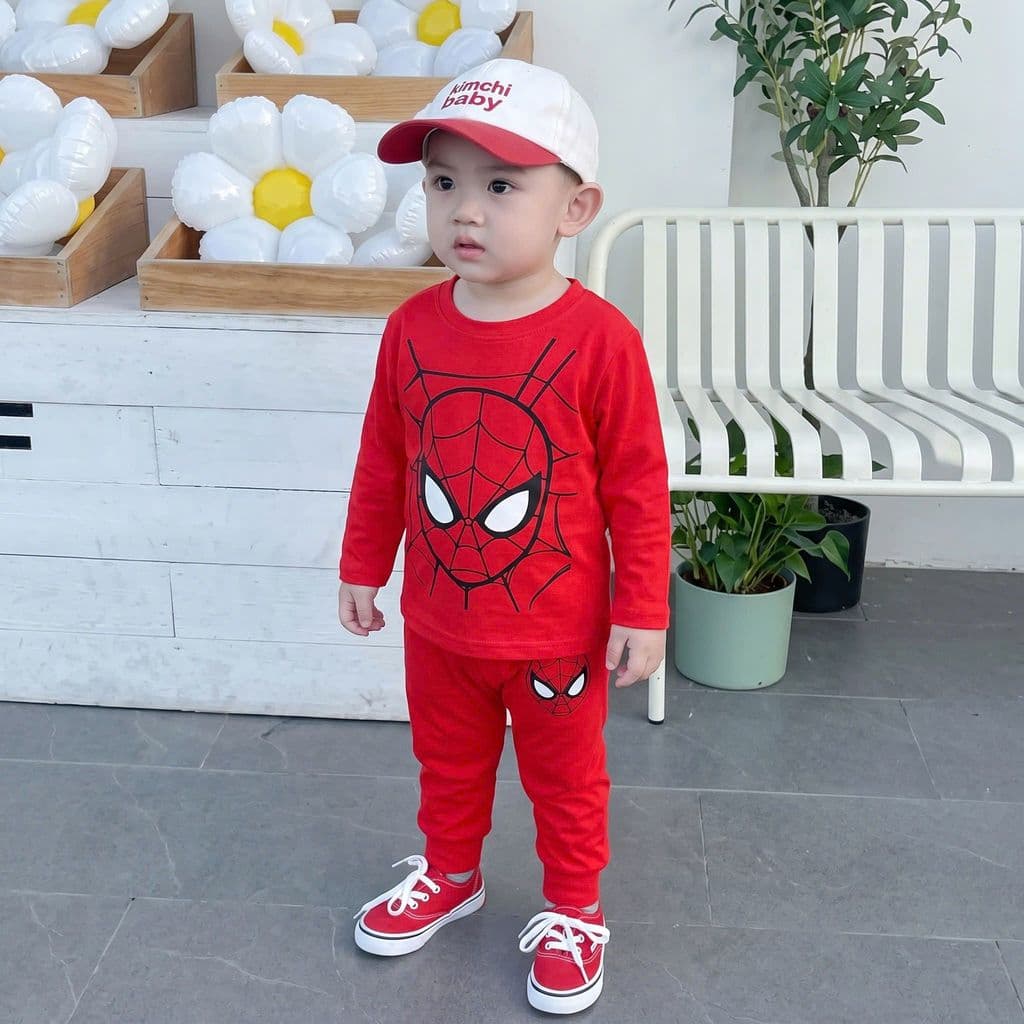 [10-29KG] Bộ Dài Tay Cho Bé Trai KIMCHIBABY Vải Cotton Cao Cấp 190gsm Mềm Mịn Họa Tiết Siêu Nhân Người Nhện Ver1 KD601