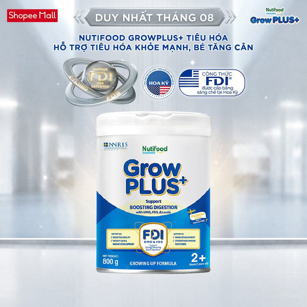 [Livestream KOL] Sữa bột Nutifood Sweden GrowPLUS+ Tiêu Hóa (Xanh Nhạt) 2+ - Tiêu hóa khỏe, tăng cân (Lon 800g)