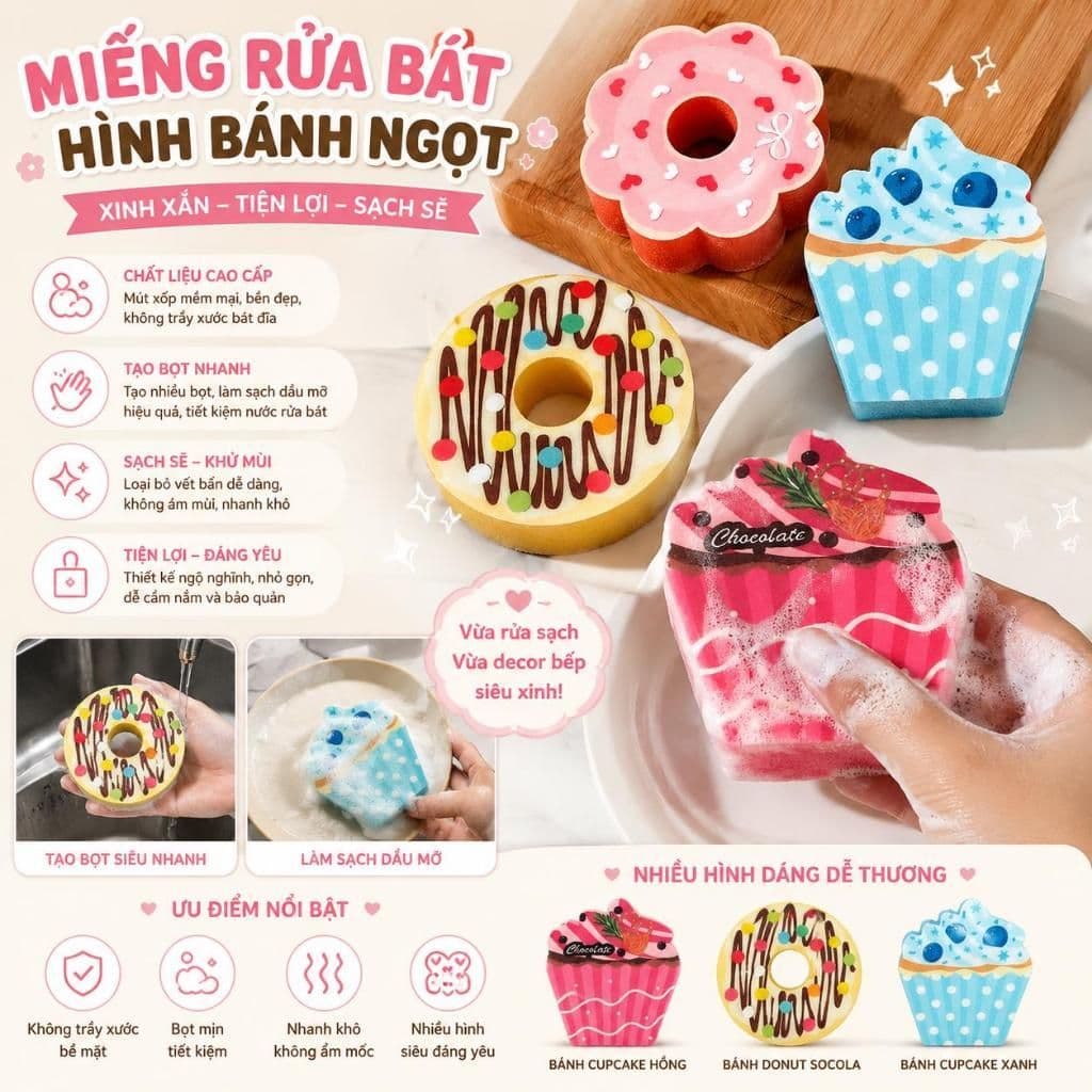 SÉT 4 Miếng Rửa Bát Hoạt Hình Dễ Thương – Sạch Nhanh, Bếp xᶖnh VOICON-[TV01]
