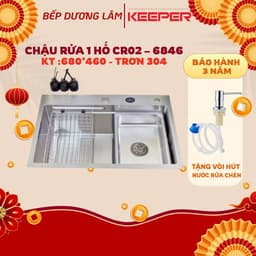 Chậu rửa bát 1 hố Keeper CR02-6846 | Chậu inox 1 hố | Tặng đầu vòi hút nước rửa chén 1