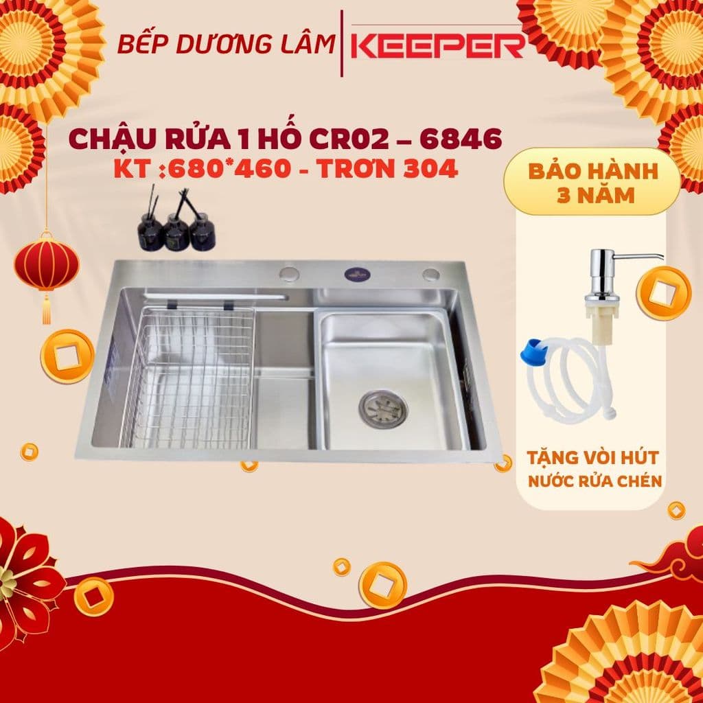 Chậu rửa bát 1 hố Keeper CR02-6846 | Chậu inox 1 hố | Tặng đầu vòi hút nước rửa chén