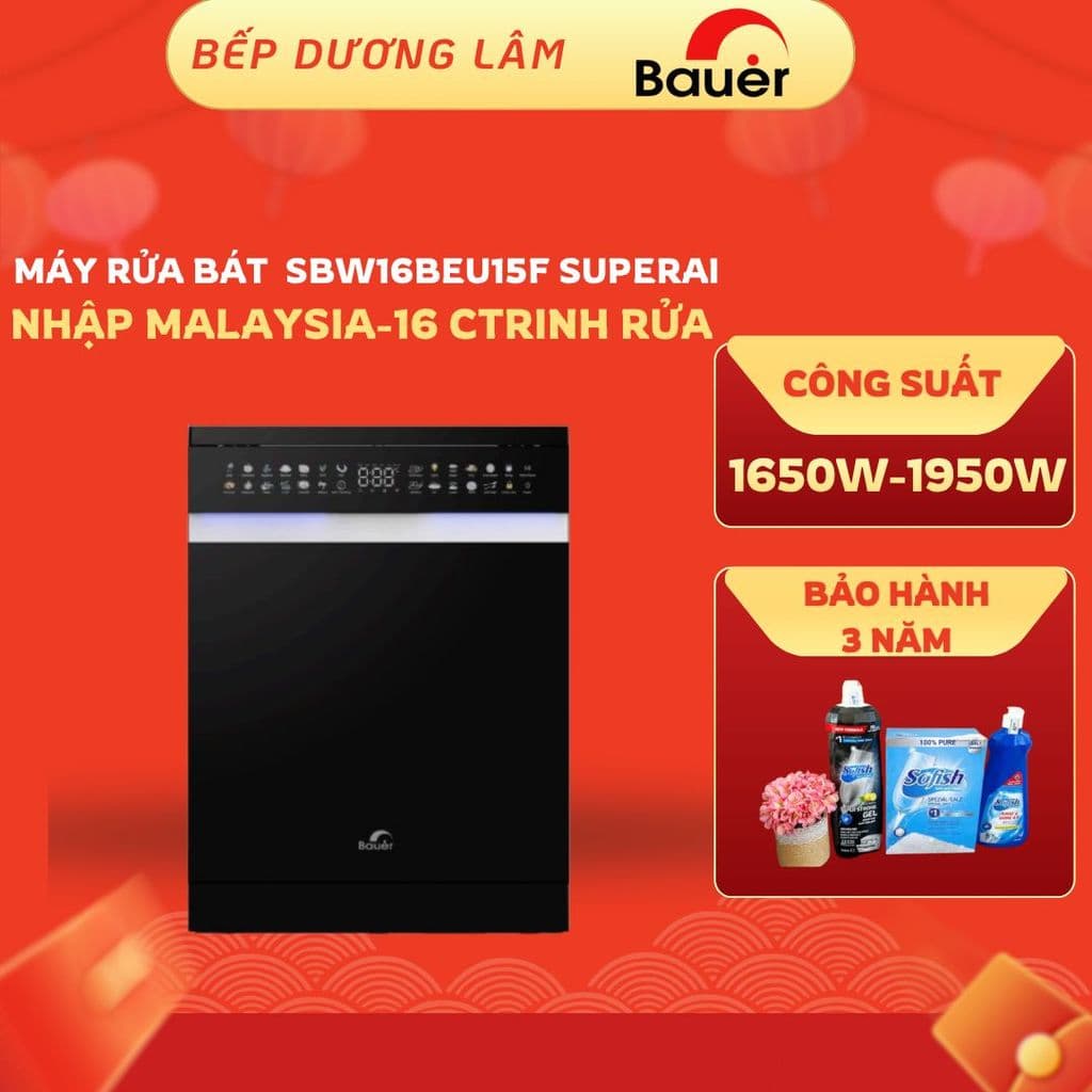Máy rửa bát thông minh 15 bộ kính đen Bauer SBW16BEU15F SuperAI|16 chương trình rửa|Nhập Malaysia