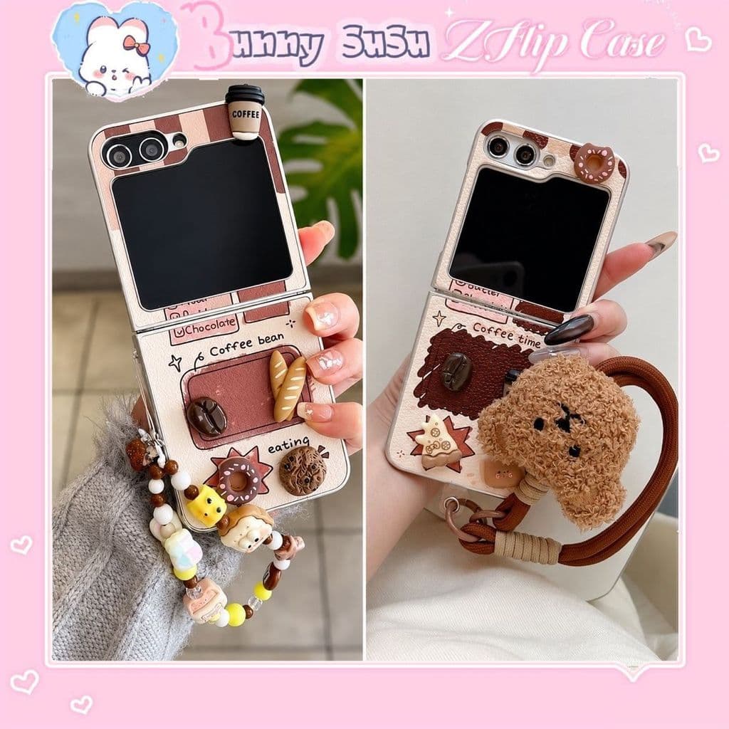 [SẴN HOẢ TỐC] Ốp ZFLIP 8 - Z FLIP 7 - Z FLIP6 - FLIP5 5G nâu kem phủ da PU charm coffee xinh xắn kèm dây sang trọng cute