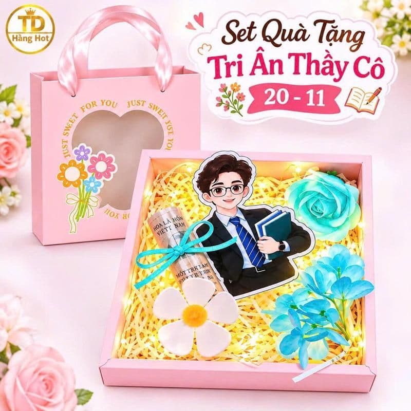 "Hộp quà 20-11 thân tặng thầy cô: hoa, thiệp, đèn nháy, ống mê ka cuốn tiền ý nghĩa."