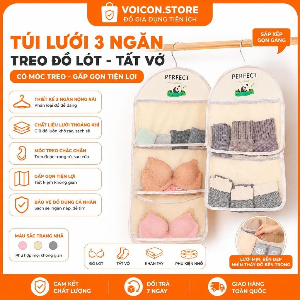 Túi Lưới Treo Đồ 3 Tầng 80x30cm Chất Liệu Cao Cấp Có Móc Treo Chắc Chắn Giúp Sắp Xếp Tủ Đồ Ngăn Nắp Tiện Lợi HĐ99