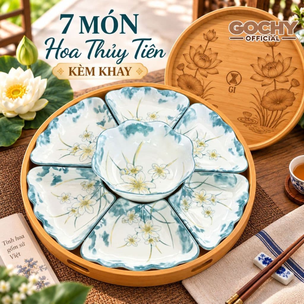 Bộ bát đĩa cúng gia tiên hoa mặt trời  thương hiệu gochy gốm sứ cao cấp - Họa tiết hoa thủy tiên