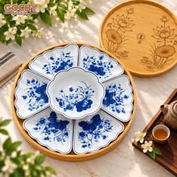 Bộ bát đĩa hoa mặt trời thương hiệu gochy, men trắng vẽ hoa sen - Gốm sứ Bát Tràng cao cấp 1