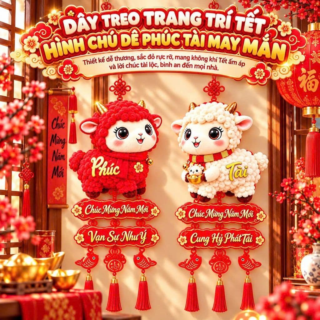 Bộ 2 dây treo trang trí Tết 2027 hình dê Phúc Tài may mắn câu đối chúc mừng năm mới treo cửa đón xuân gdgs66