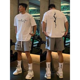 Áo thun nam dáng suông rộng in điện tâm đồ vết nứt chất cotton thoáng khí thiết kế tối giản phong cách thể thao 2