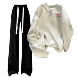 Sét bộ thu đông Quần dài  ống rộng dây bản to màu đen +  áo SWEATER dài tay cổ tròn màu xám tiêu-cờ mỹ 6