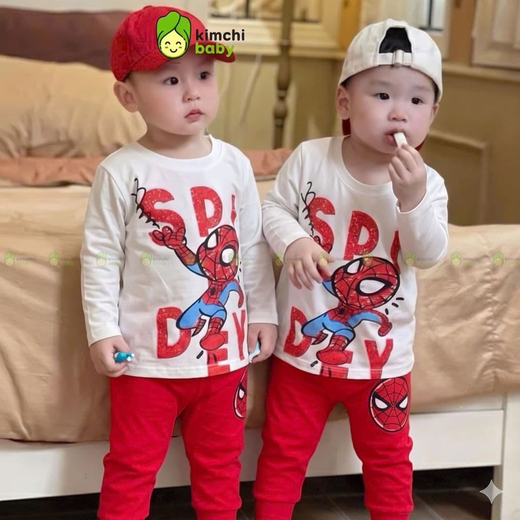 [10-29KG] Bộ Dài Tay Cho Bé Trai KIMCHIBABY Vải Cotton Cao Cấp 190gsm Mềm Mịn Họa Tiết Siêu Nhân Người Nhện Ver1 KD601