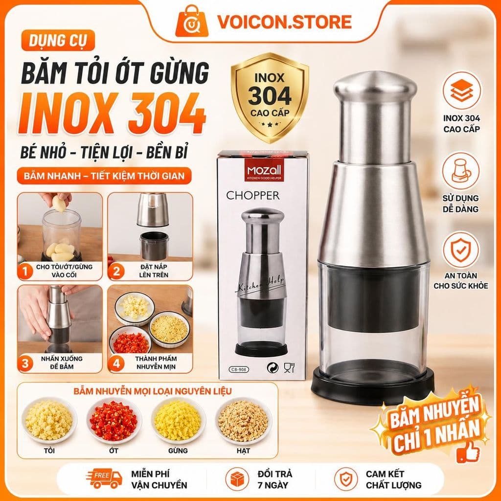 Dụng Cụ Băm Tỏi Ớt Gừng Bằng Inox 304 Tiện Dụng Cho Nhà Bếp VOICON-[PM66] Kích Thước 16x6x6 cm Trọng Lượng 140g