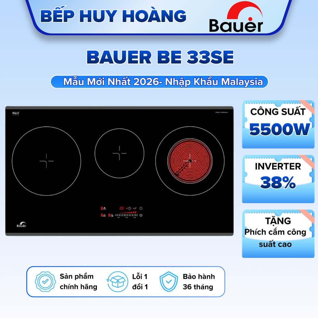 Bếp điện từ BAUER BE 33SE | Nhập khẩu nguyên chiếc Malaysia | Bếp 2 từ 1 hồng ngoại | Bảo hành 3 năm