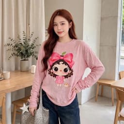 Áo thun giấy cổ tròn dài tay form rộng in hoạ tiết cô gái nơ hồng xinh  TG NTO58 7 2
