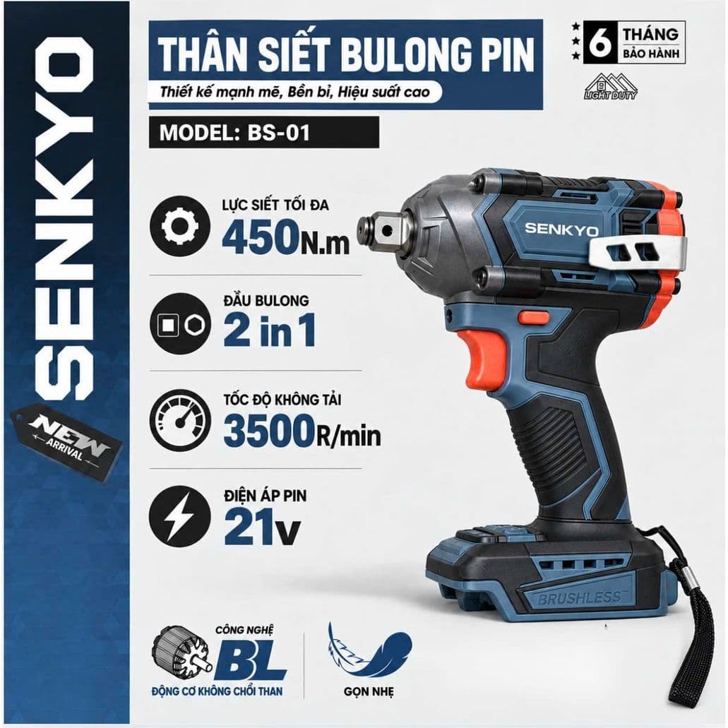 Máy siết bulong pin SENKYO BS-01, Lực siết 450Nm, Đầu bulong 2IN1 đa năng, Không chổi than