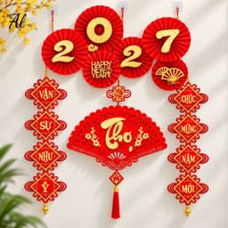Set 4 Món Trang Trí Tết 2027 Treo Tường, Bộ Decor Tết Đỏ Vàng Chữ Phúc, Câu Đối Chúc Mừng Năm Mới 6